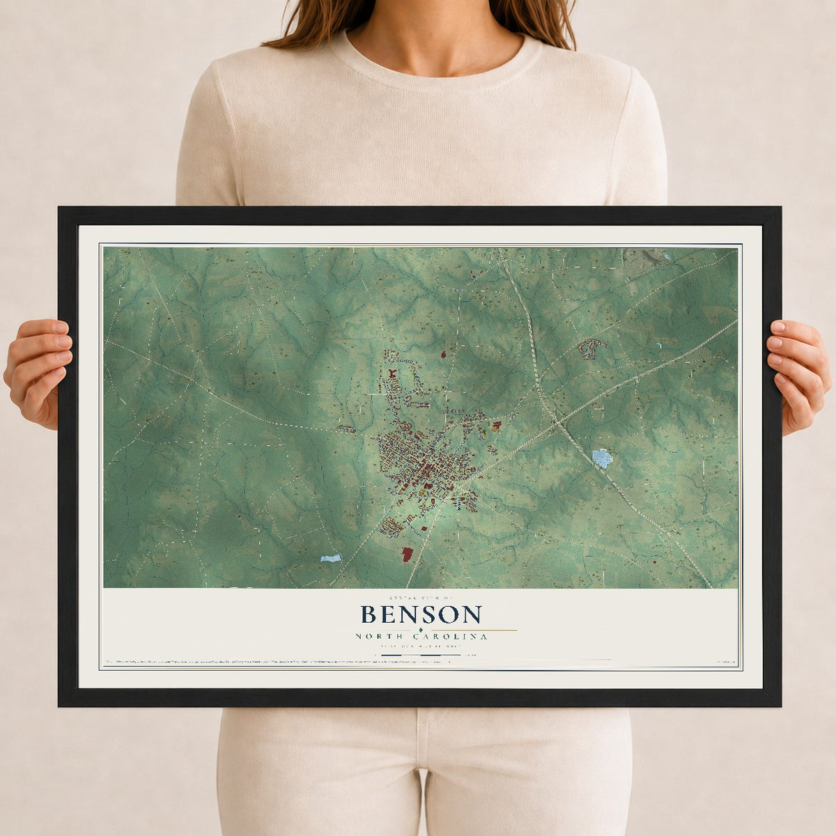 Map of Benson, North Carolina, 12 x 18 inch print in a black wood frame