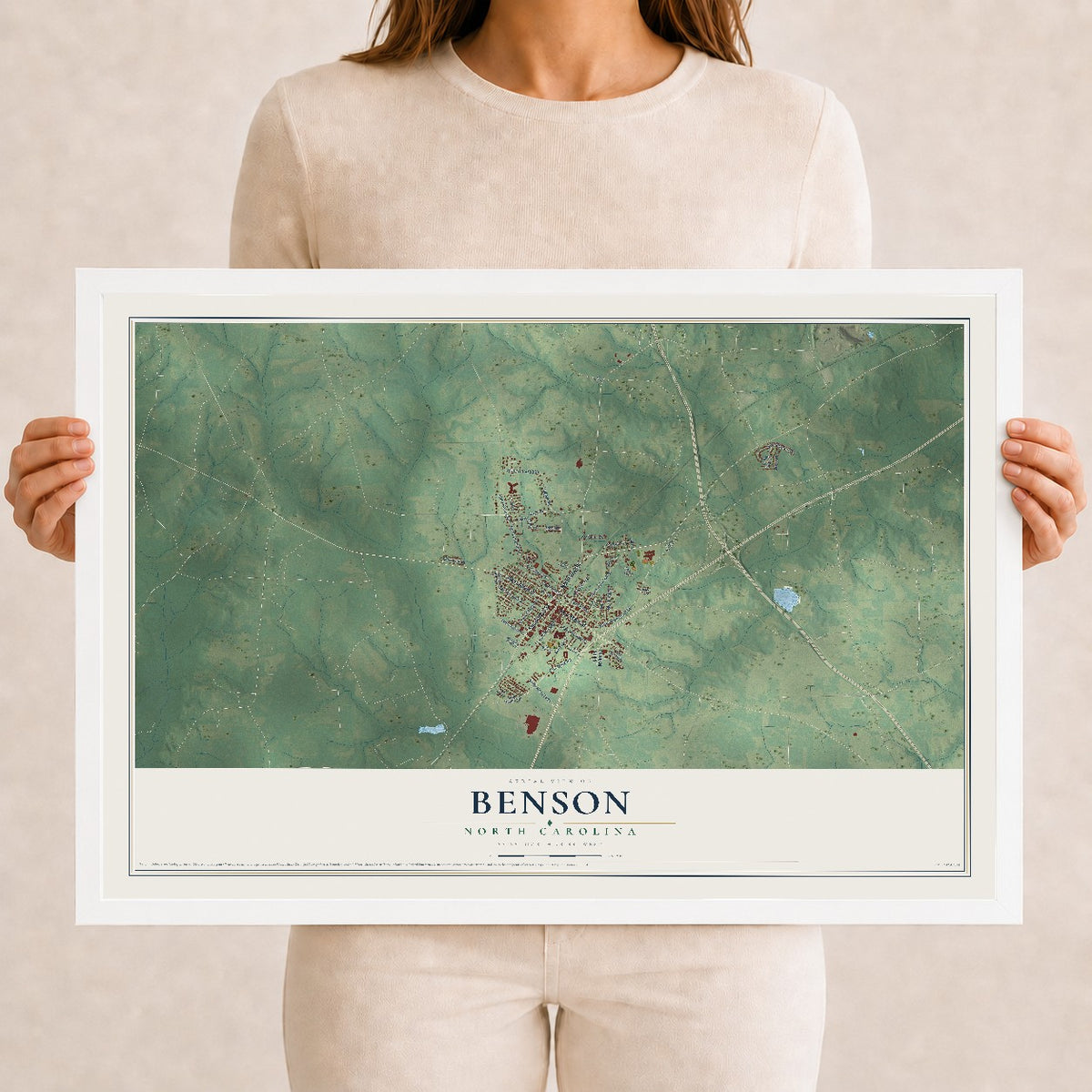 Map of Benson, North Carolina, 12 x 18 inch print in a white wood frame