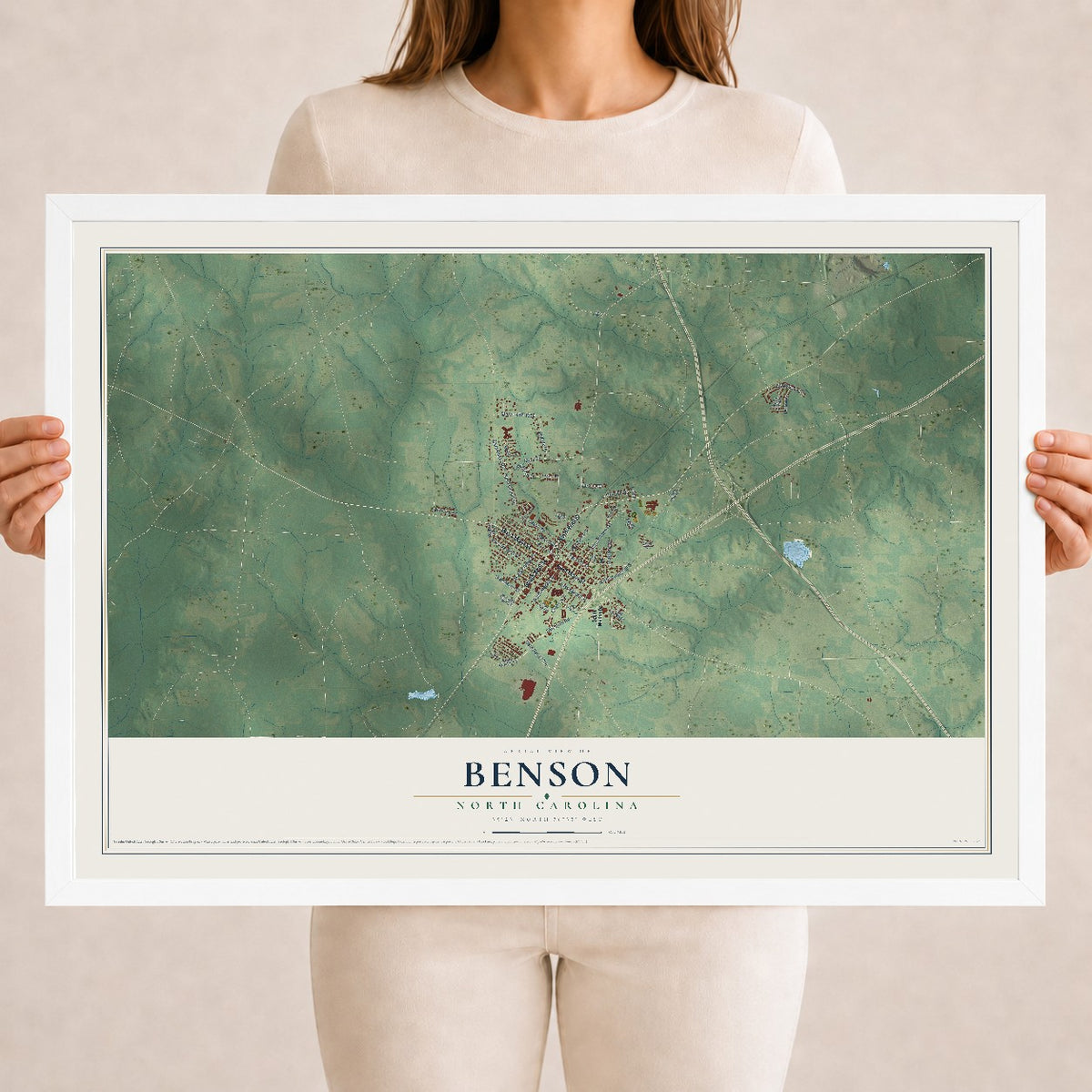 Map of Benson, North Carolina, 18 x 24 inch print in a white wood frame