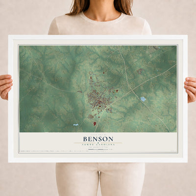 Map of Benson, North Carolina, 18 x 24 inch print in a white wood frame