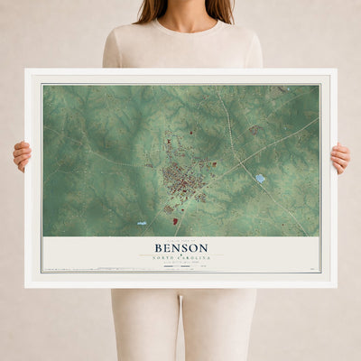 Map of Benson, North Carolina, 24 x 36 inch print in a white wood frame