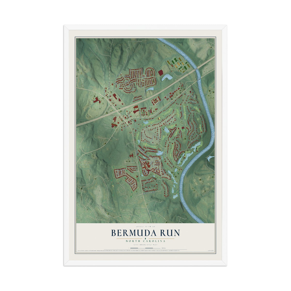 Map of Bermuda Run, North Carolina, 12 x 18 inch print in a white wood frame