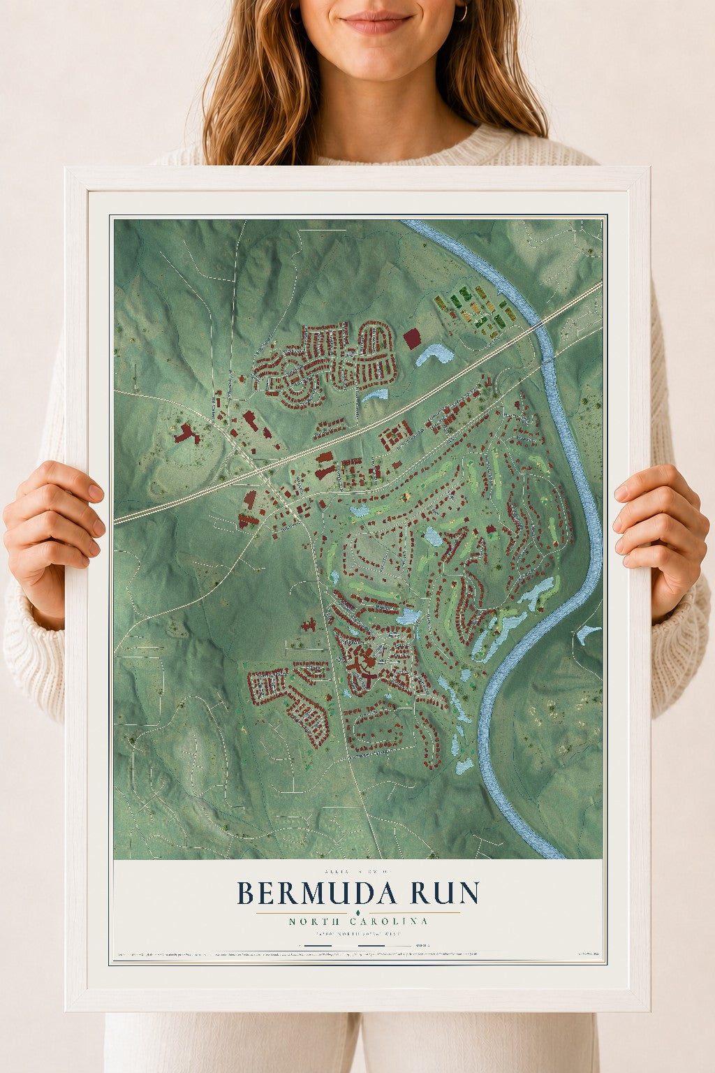 Map of Bermuda Run, North Carolina, 18 x 24 inch print in a white wood frame