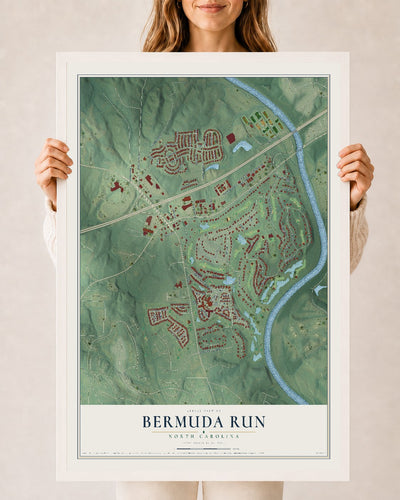 Map of Bermuda Run, North Carolina, 24 x 36 inch print in a white wood frame