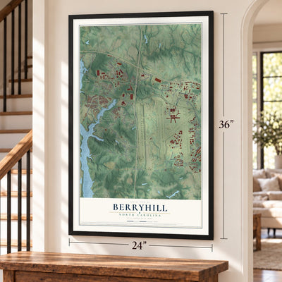 Berryhill, North Carolina map, 24 x 36 inch print in a black frame by a staircase