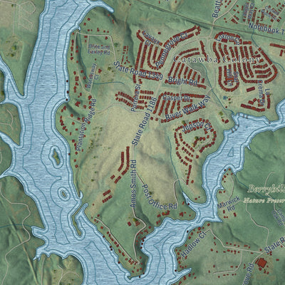 Close-up of the map of Berryhill, North Carolina print showing street and building detail