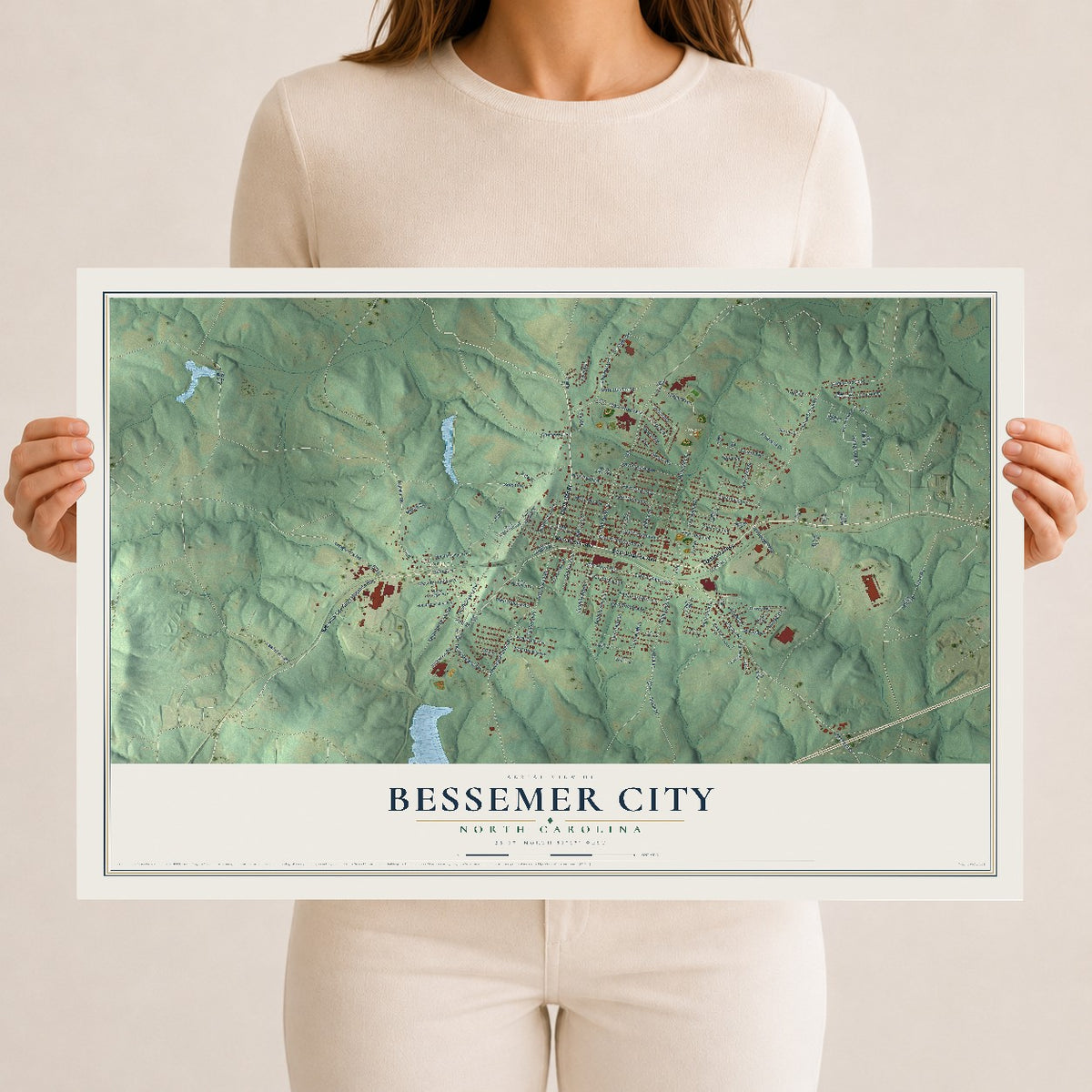Map of Bessemer City, North Carolina, 12 x 18 inch unframed archival matte print