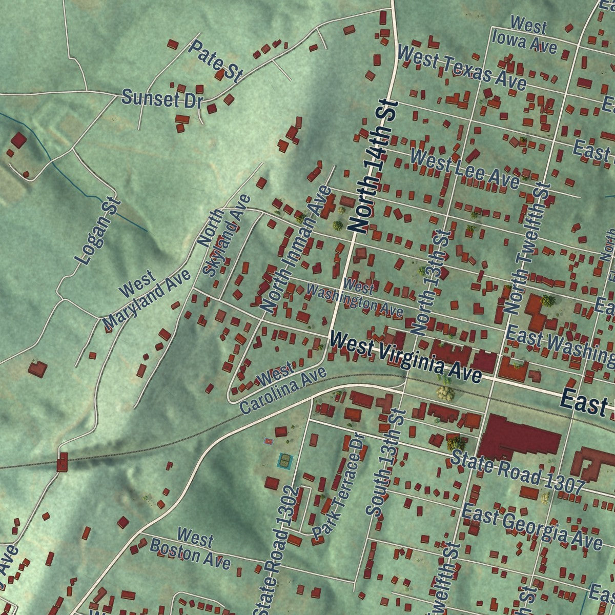 Close-up of the map of Bessemer City, North Carolina print showing street and building detail