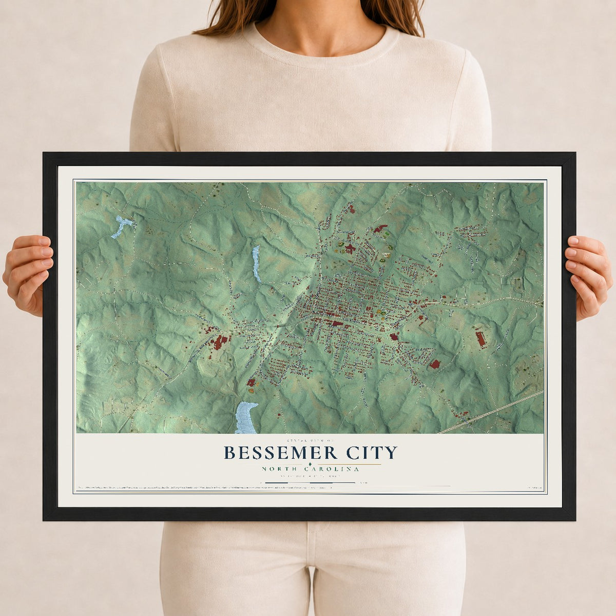 Map of Bessemer City, North Carolina, 12 x 18 inch print in a black wood frame