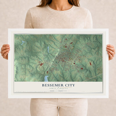 Map of Bessemer City, North Carolina, 12 x 18 inch print in a white wood frame