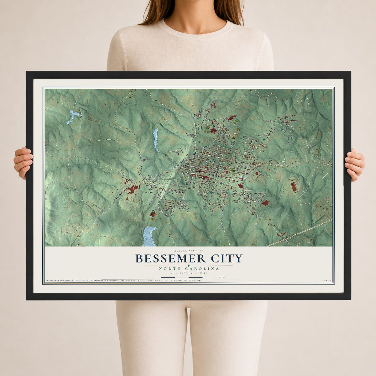 Map of Bessemer City, North Carolina, 24 x 36 inch print in a black wood frame