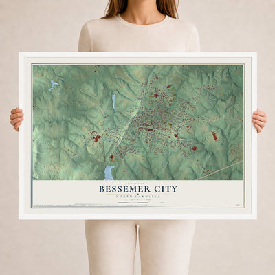 Map of Bessemer City, North Carolina, 24 x 36 inch print in a white wood frame