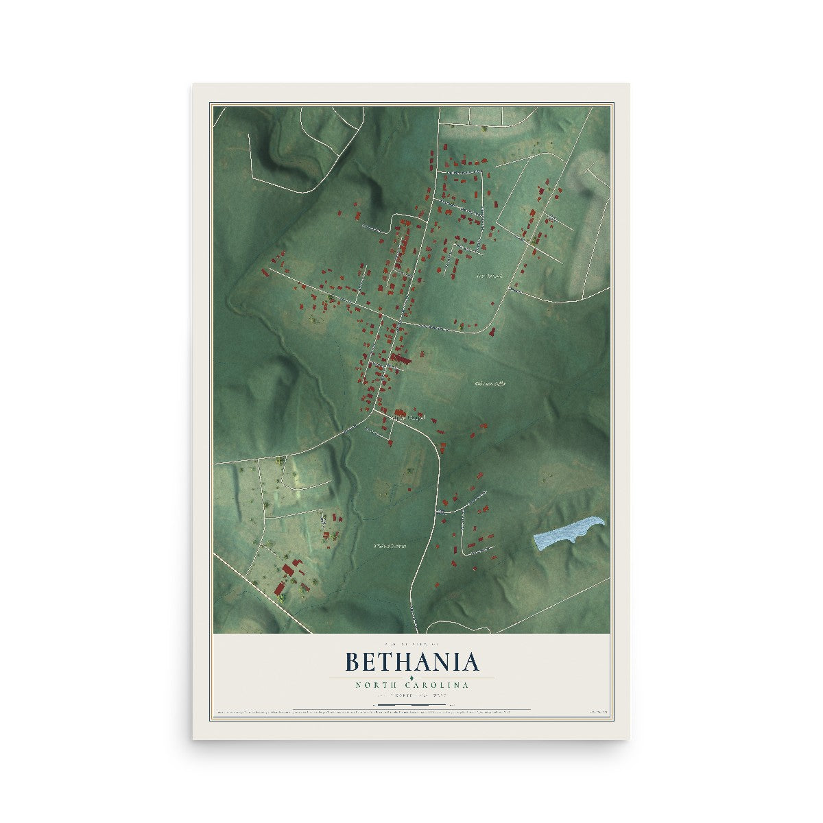 Map of Bethania, North Carolina, 12 x 18 inch unframed archival matte print