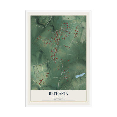 Map of Bethania, North Carolina, 12 x 18 inch print in a white wood frame
