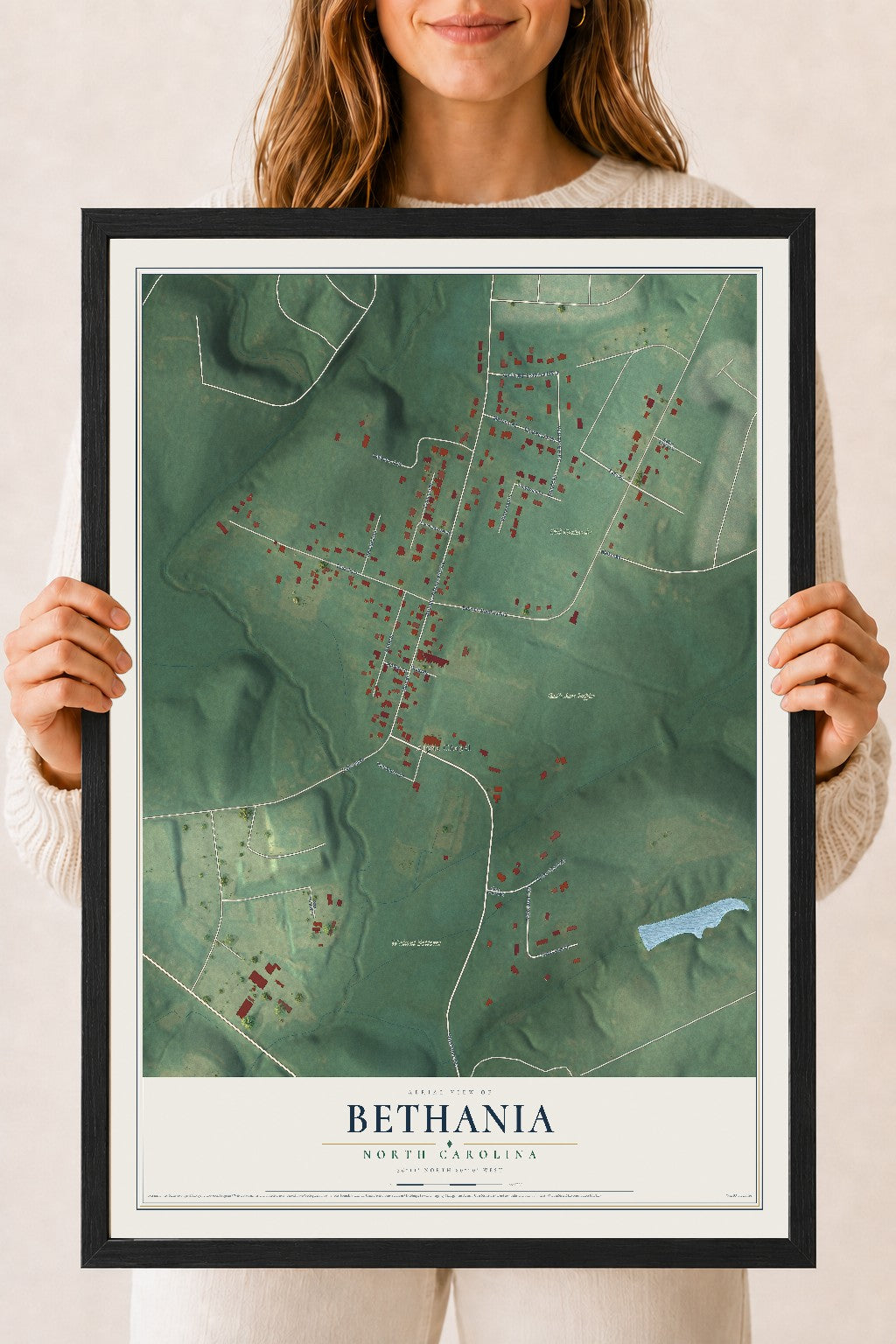 Map of Bethania, North Carolina, 18 x 24 inch print in a black wood frame