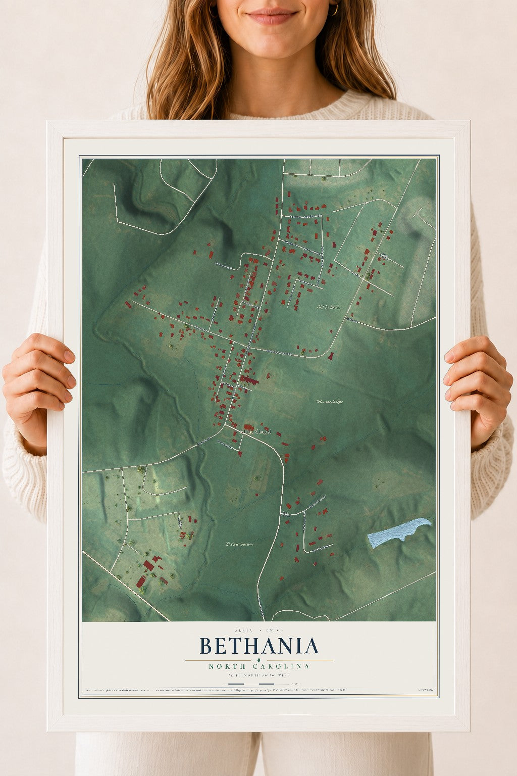 Map of Bethania, North Carolina, 18 x 24 inch print in a white wood frame