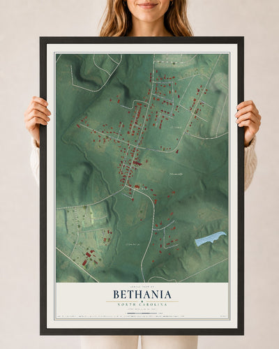 Map of Bethania, North Carolina, 24 x 36 inch print in a black wood frame