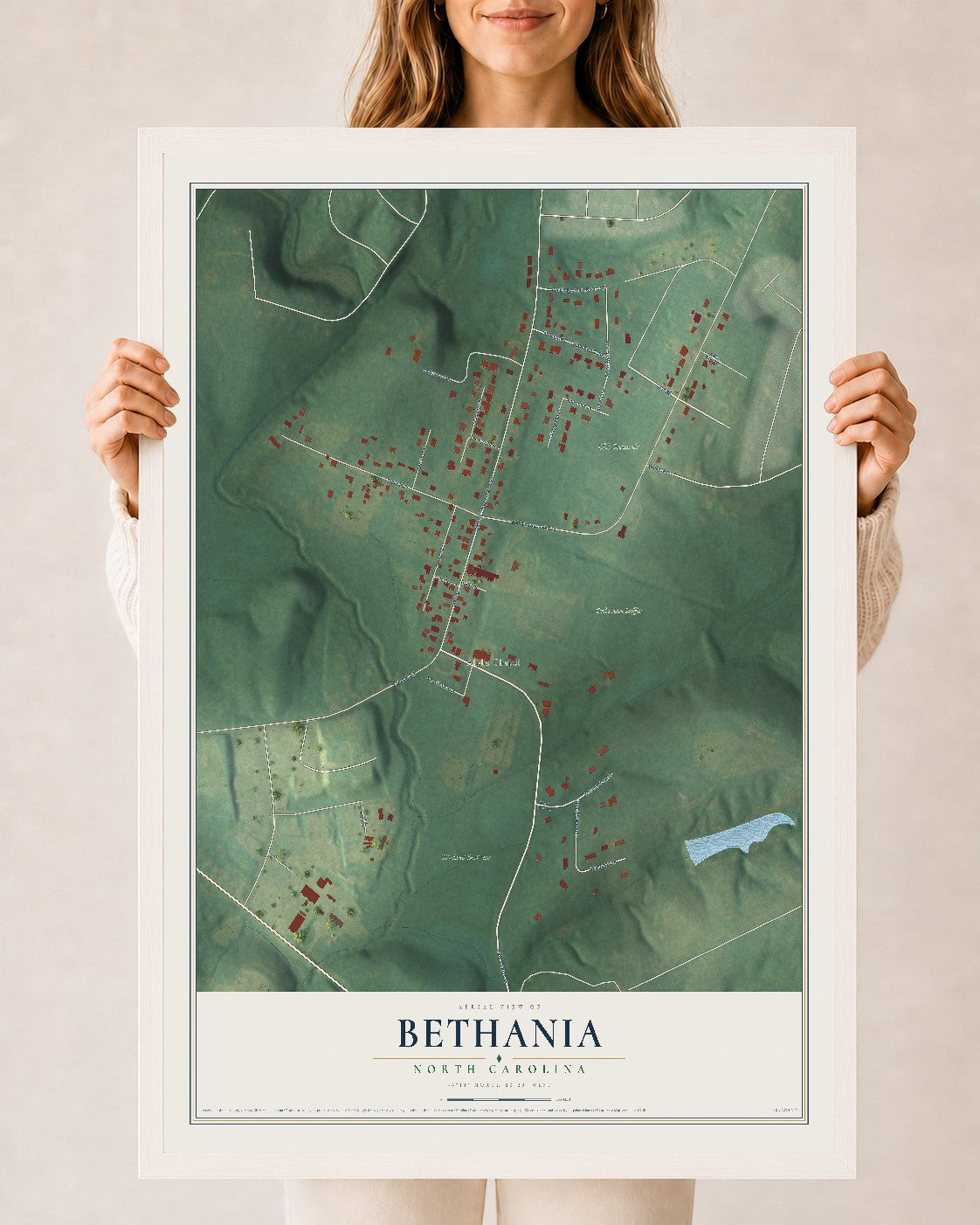 Map of Bethania, North Carolina, 24 x 36 inch print in a white wood frame