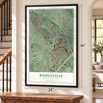 Biddleville, North Carolina map, 24 x 36 inch print in a black frame by a staircase