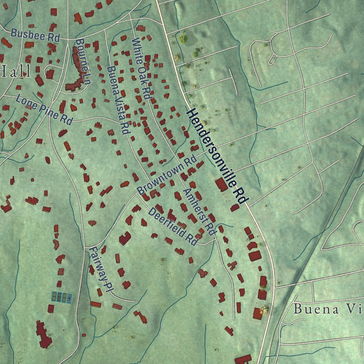 Close-up of the map of Biltmore Forest, North Carolina print showing street and building detail