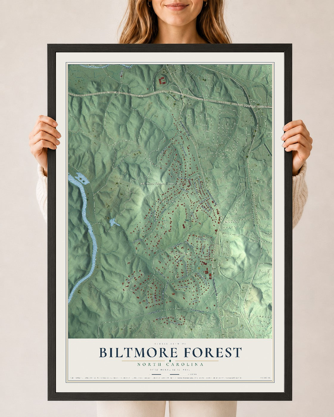 Map of Biltmore Forest, North Carolina, 24 x 36 inch print in a black wood frame