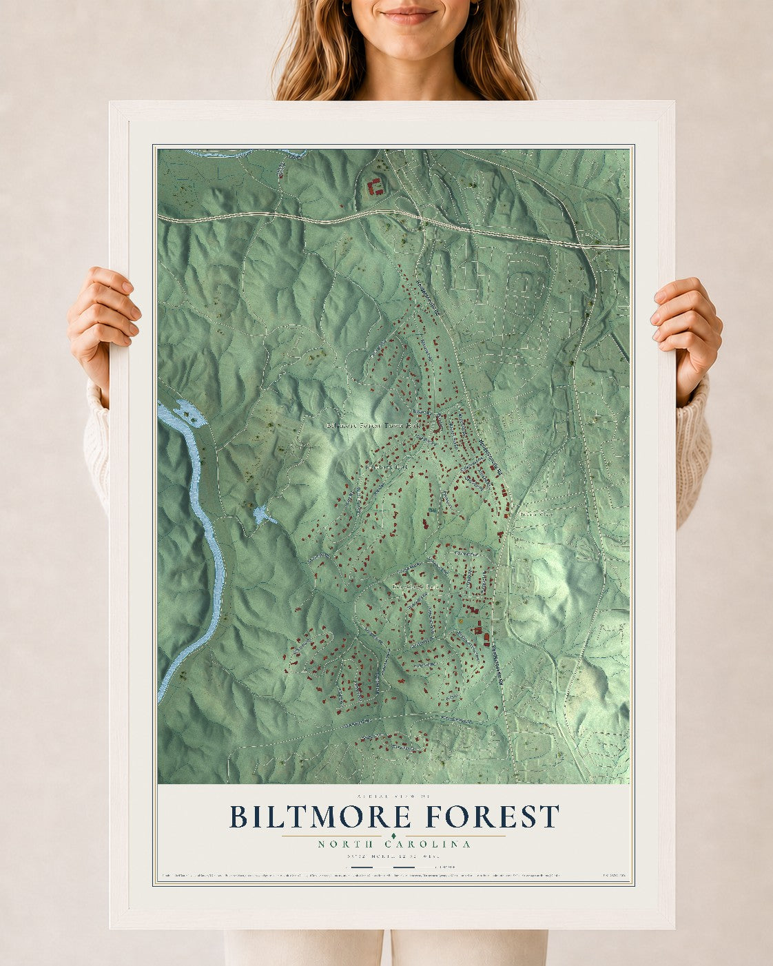 Map of Biltmore Forest, North Carolina, 24 x 36 inch print in a white wood frame