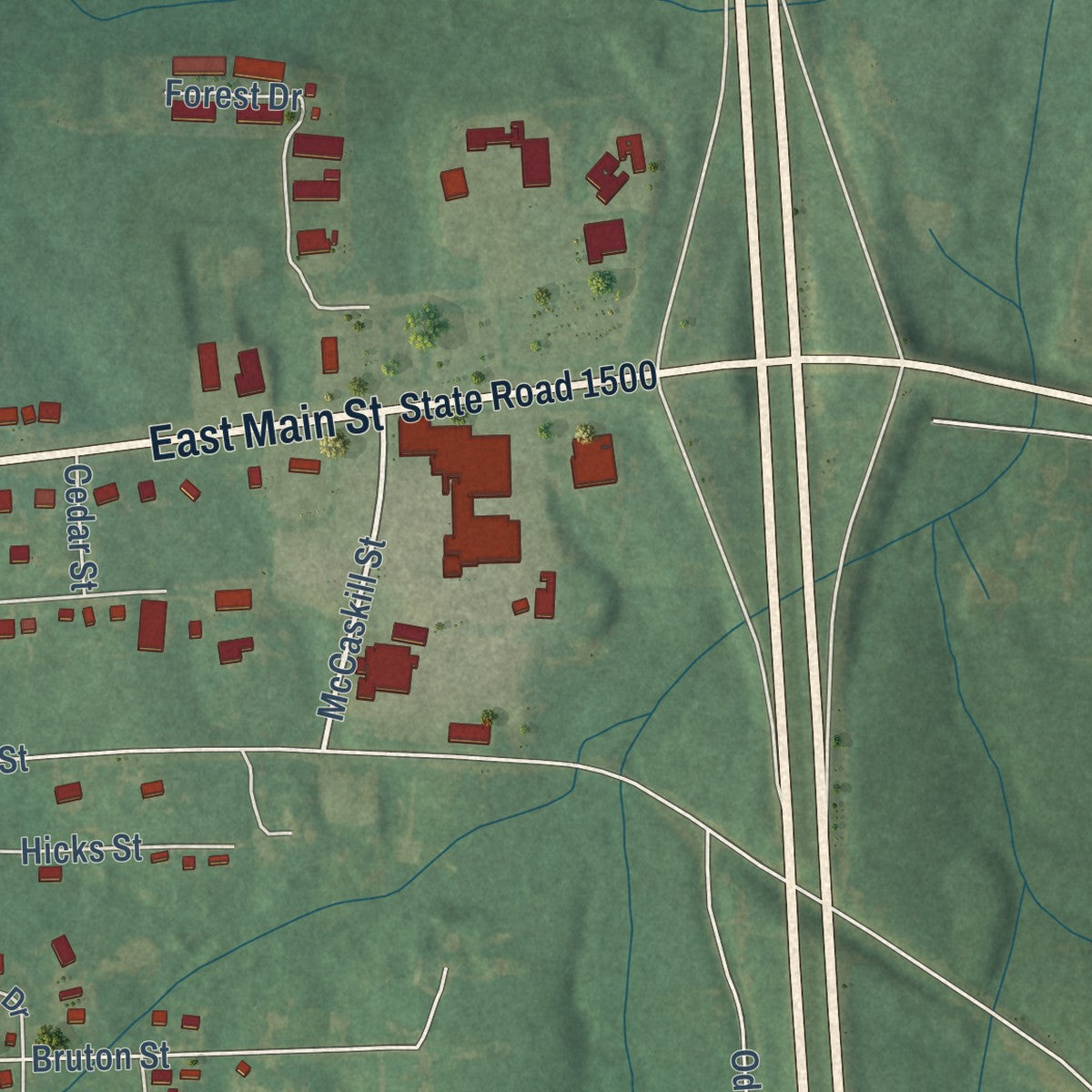 Second close-up of the map of Biscoe, North Carolina print showing more streets and buildings