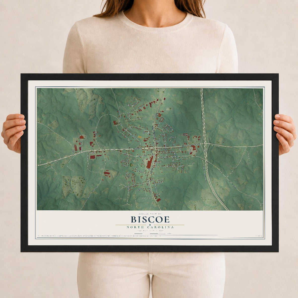 Map of Biscoe, North Carolina, 12 x 18 inch print in a black wood frame