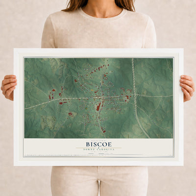 Map of Biscoe, North Carolina, 12 x 18 inch print in a white wood frame