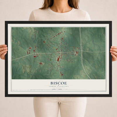Map of Biscoe, North Carolina, 18 x 24 inch print in a black wood frame