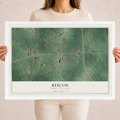 Map of Biscoe, North Carolina, 18 x 24 inch print in a white wood frame