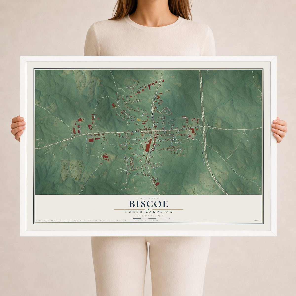 Map of Biscoe, North Carolina, 24 x 36 inch print in a white wood frame