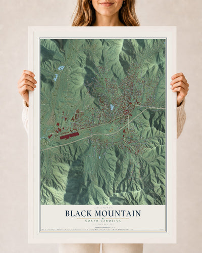Map of Black Mountain, North Carolina, 24 x 36 inch print in a white wood frame