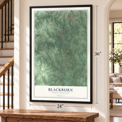 Blackburn, North Carolina map, 24 x 36 inch print in a black frame by a staircase