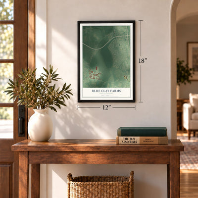 Blue Clay Farms, North Carolina map, 12 x 18 inch print in a black frame in an entryway