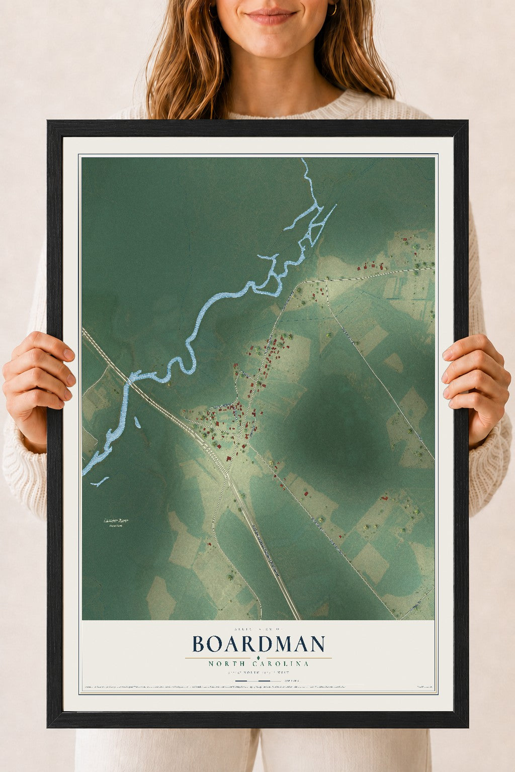 Map of Boardman, North Carolina, 18 x 24 inch print in a black wood frame