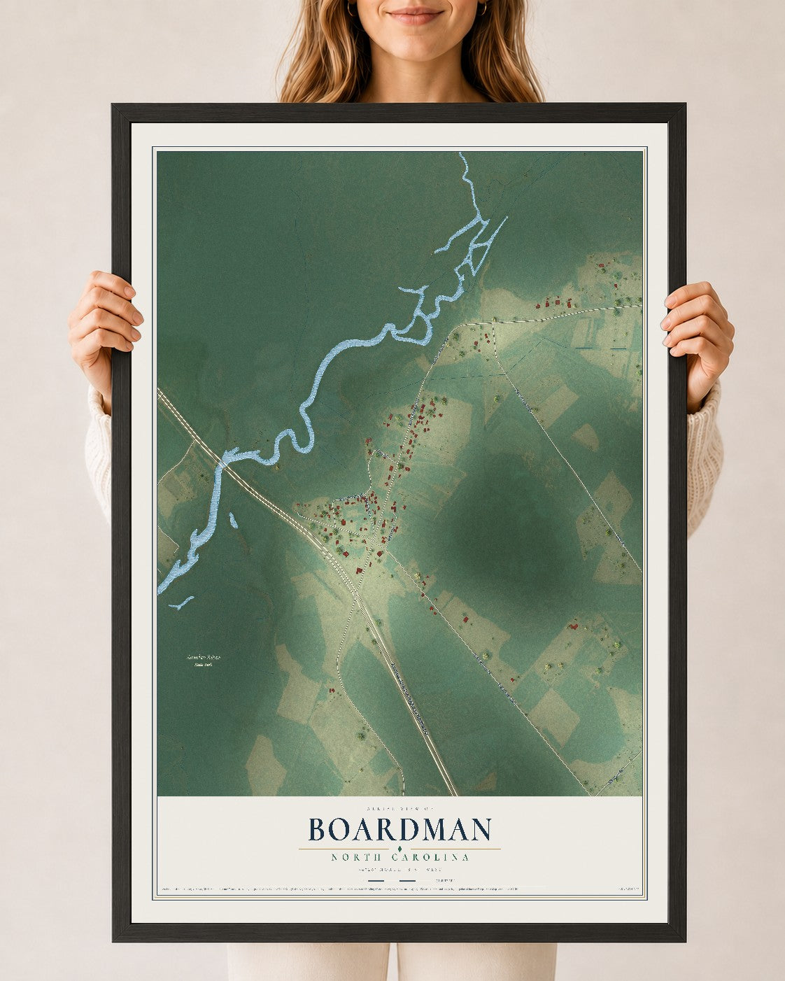 Map of Boardman, North Carolina, 24 x 36 inch print in a black wood frame