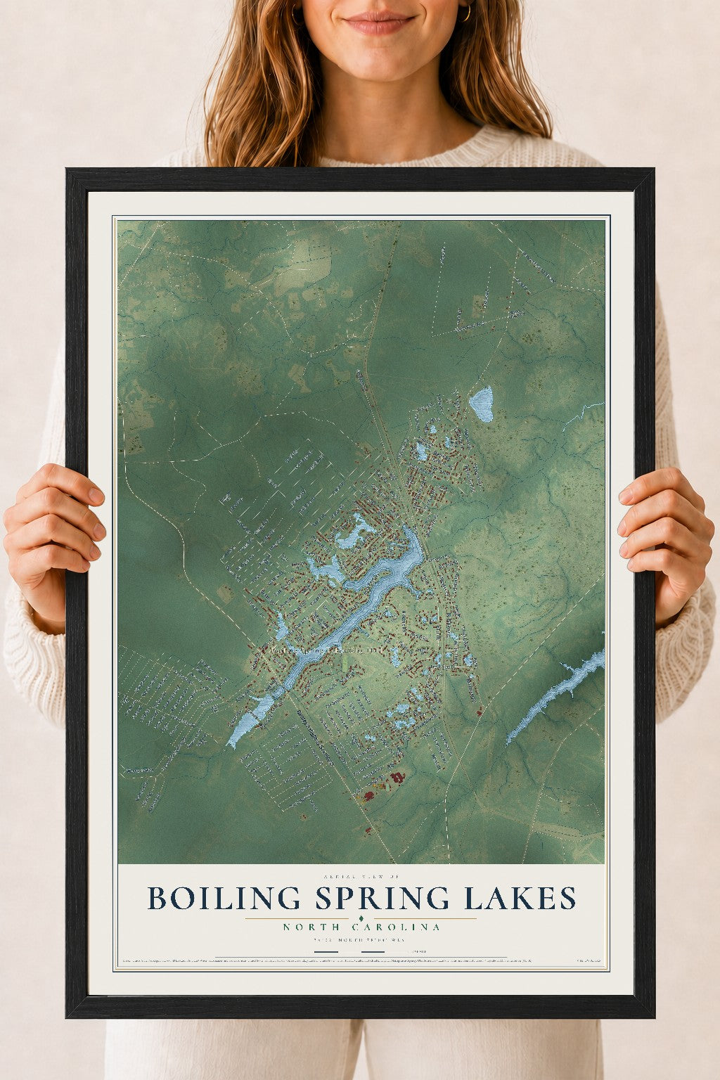 Map of Boiling Spring Lakes, North Carolina, 18 x 24 inch print in a black wood frame