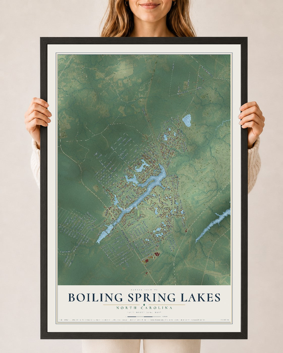 Map of Boiling Spring Lakes, North Carolina, 24 x 36 inch print in a black wood frame