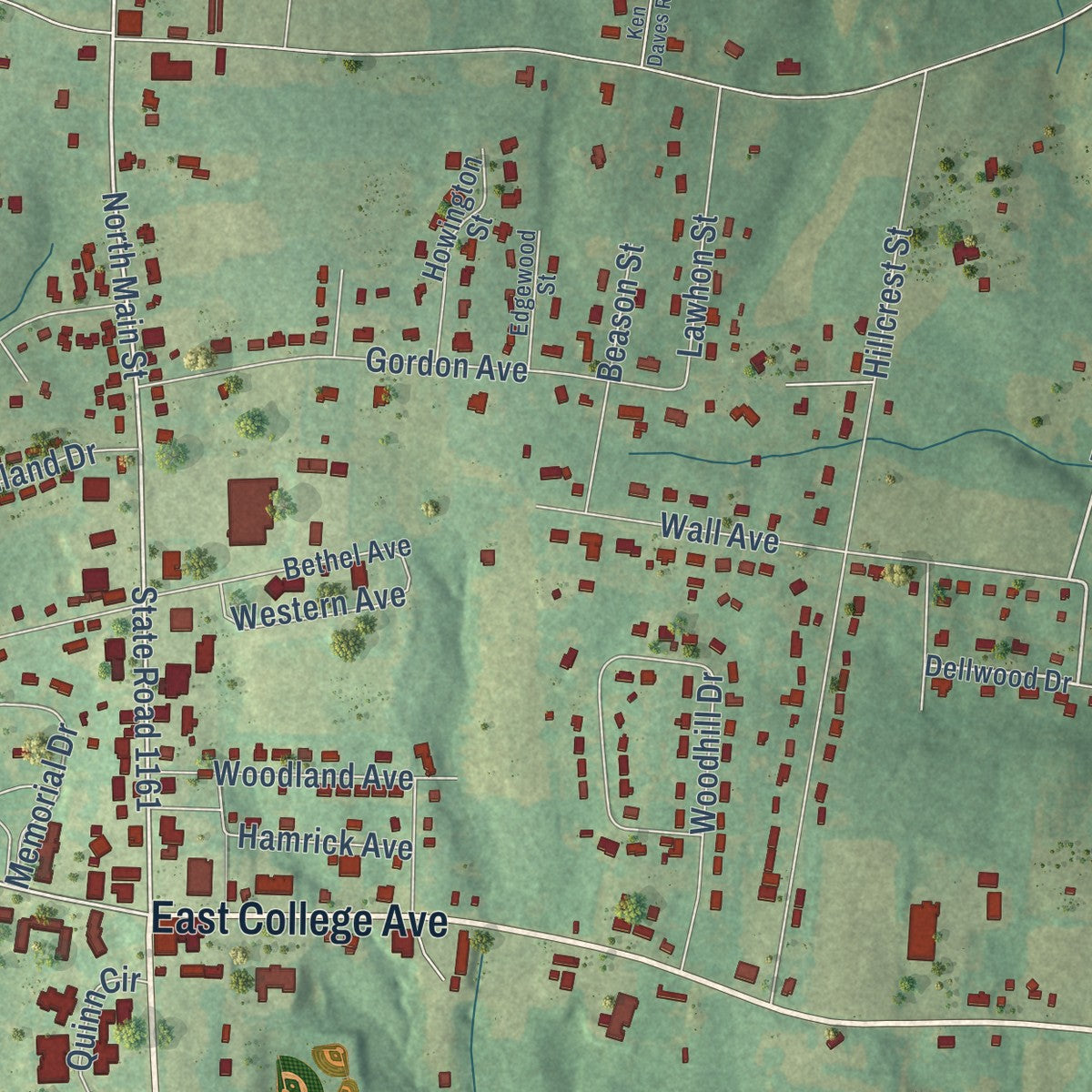 Close-up of the map of Boiling Springs, North Carolina print showing street and building detail