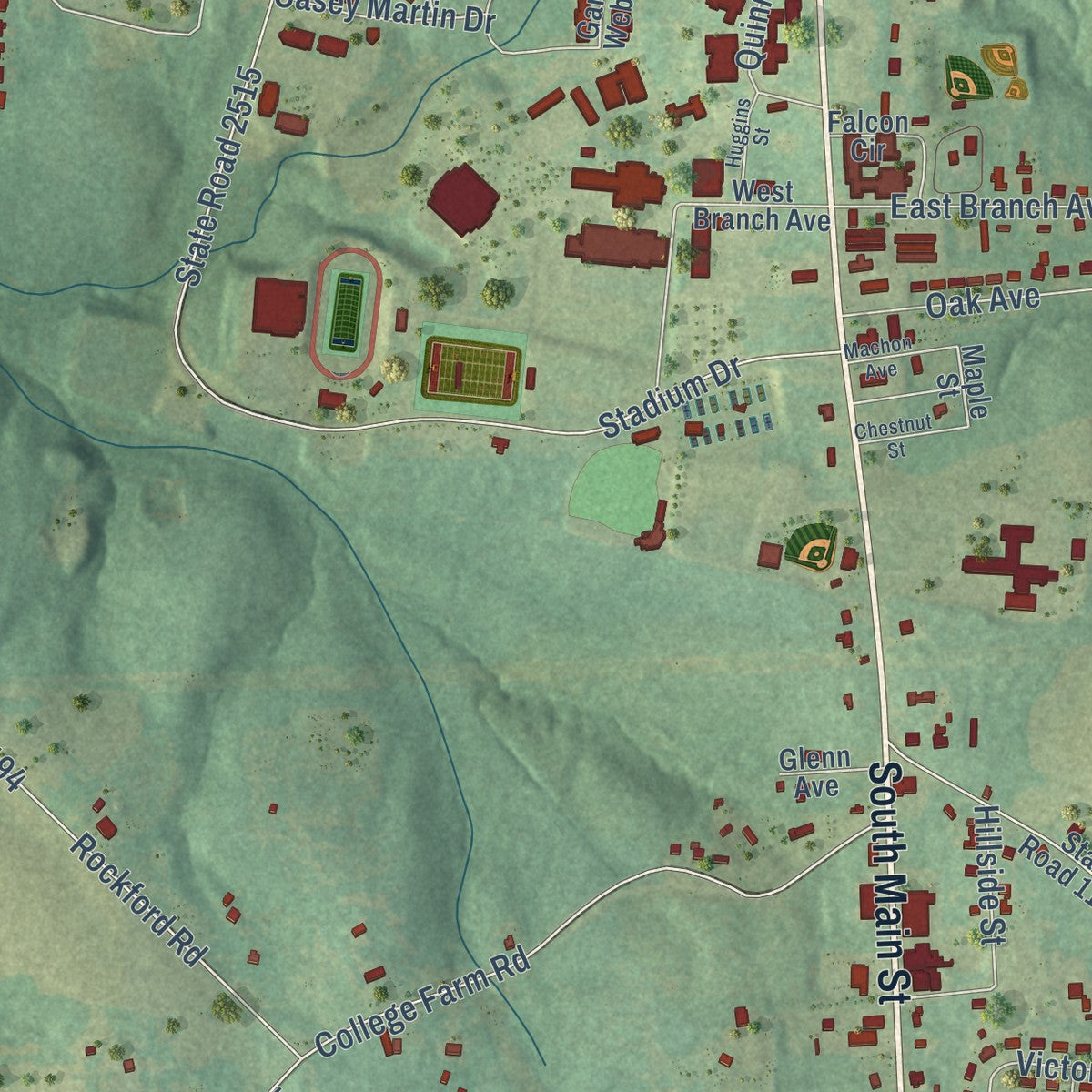 Second close-up of the map of Boiling Springs, North Carolina print showing more streets and buildings