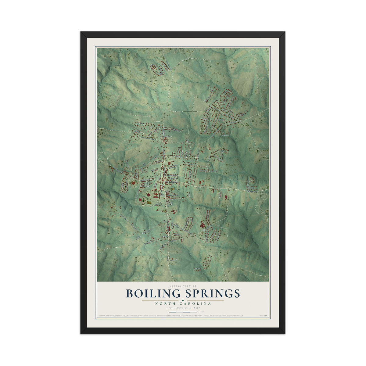 Map of Boiling Springs, North Carolina, 12 x 18 inch print in a black wood frame