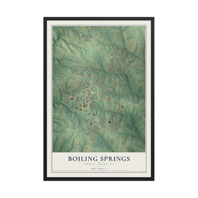 Map of Boiling Springs, North Carolina, 12 x 18 inch print in a black wood frame