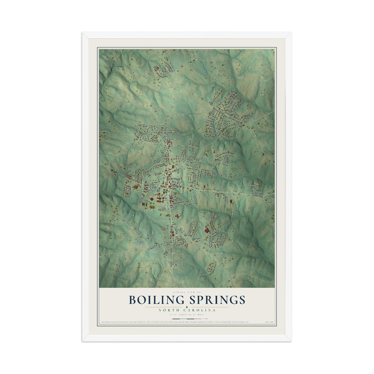 Map of Boiling Springs, North Carolina, 12 x 18 inch print in a white wood frame