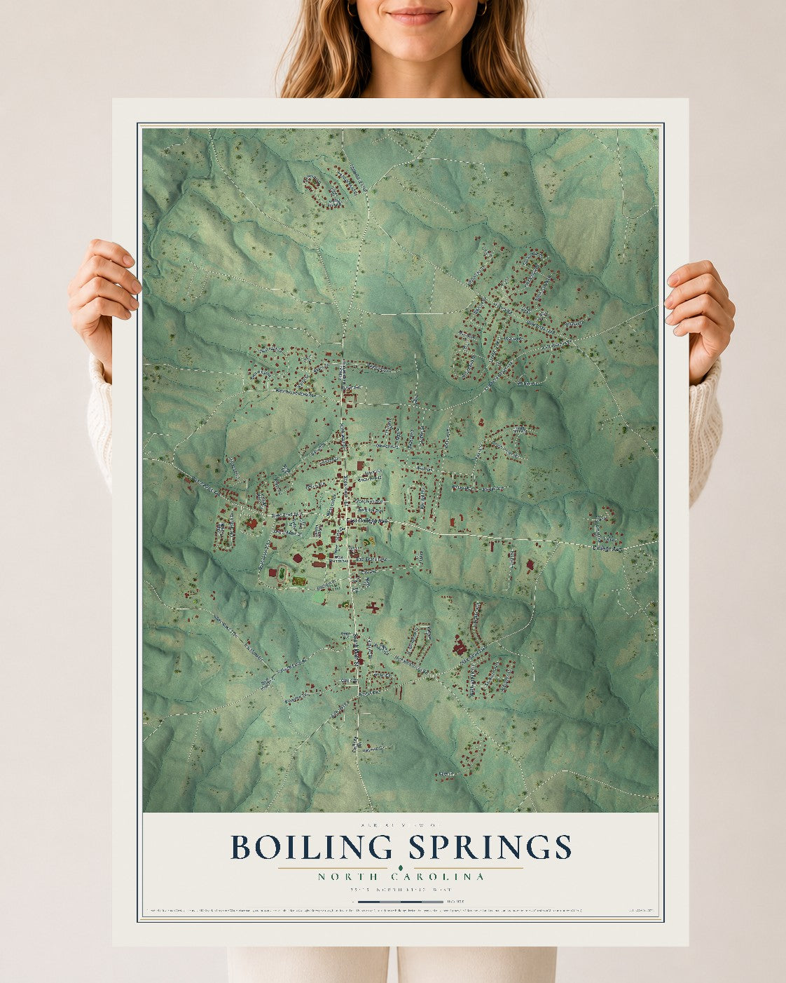 Map of Boiling Springs, North Carolina, 24 x 36 inch unframed archival matte print