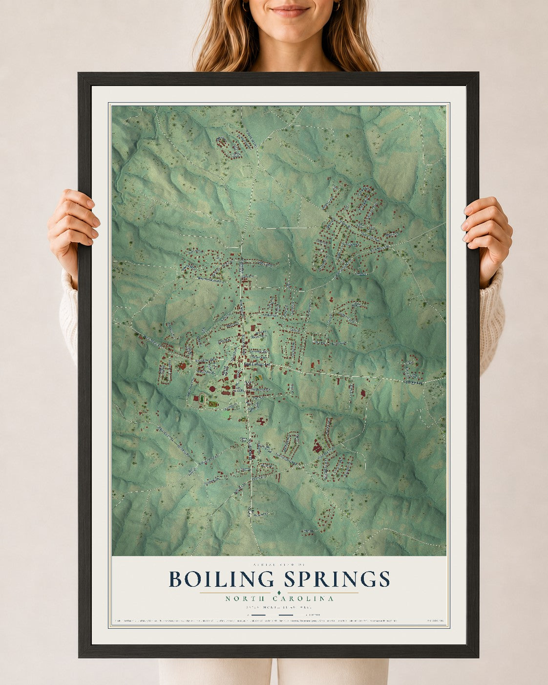 Map of Boiling Springs, North Carolina, 24 x 36 inch print in a black wood frame