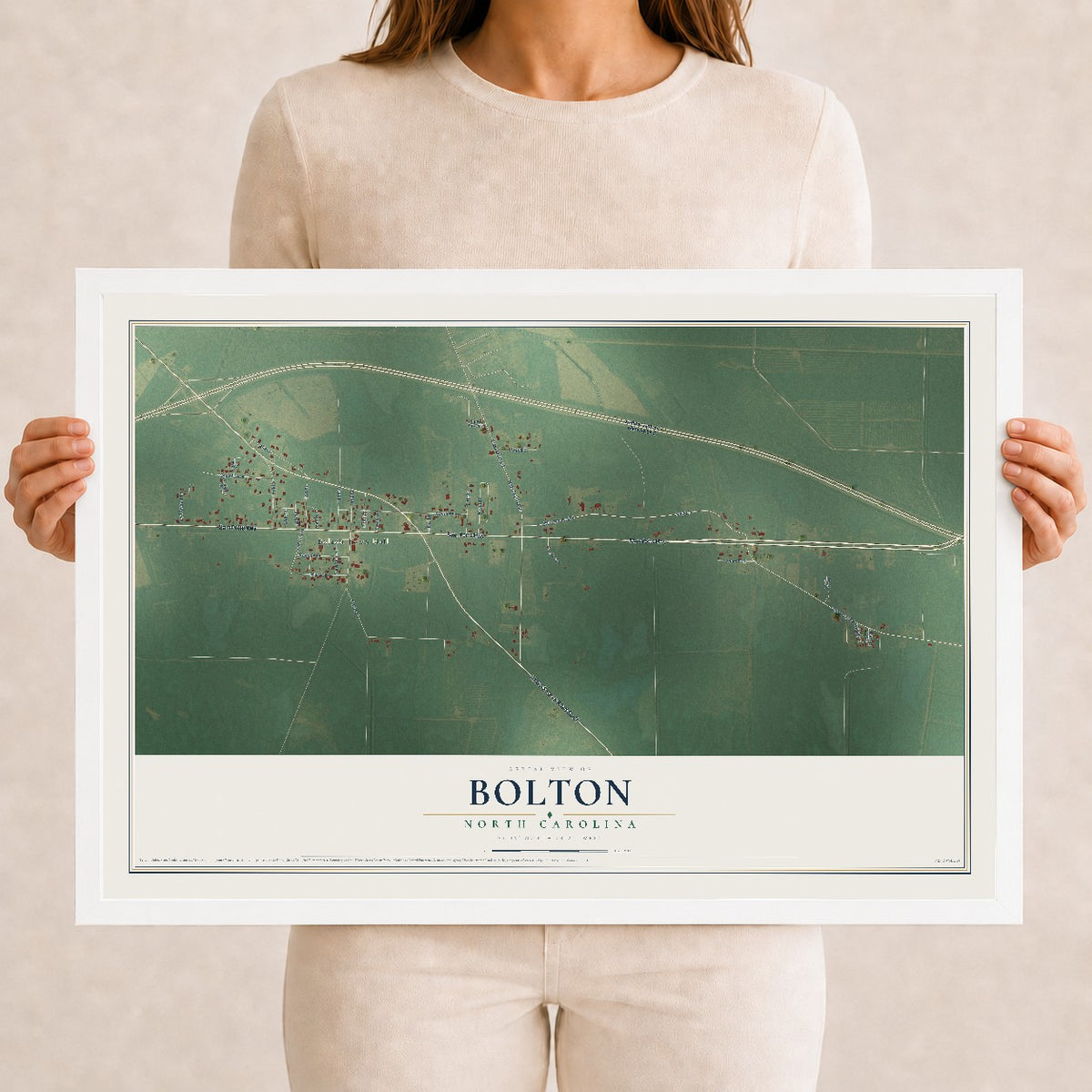 Map of Bolton, North Carolina, 12 x 18 inch print in a white wood frame