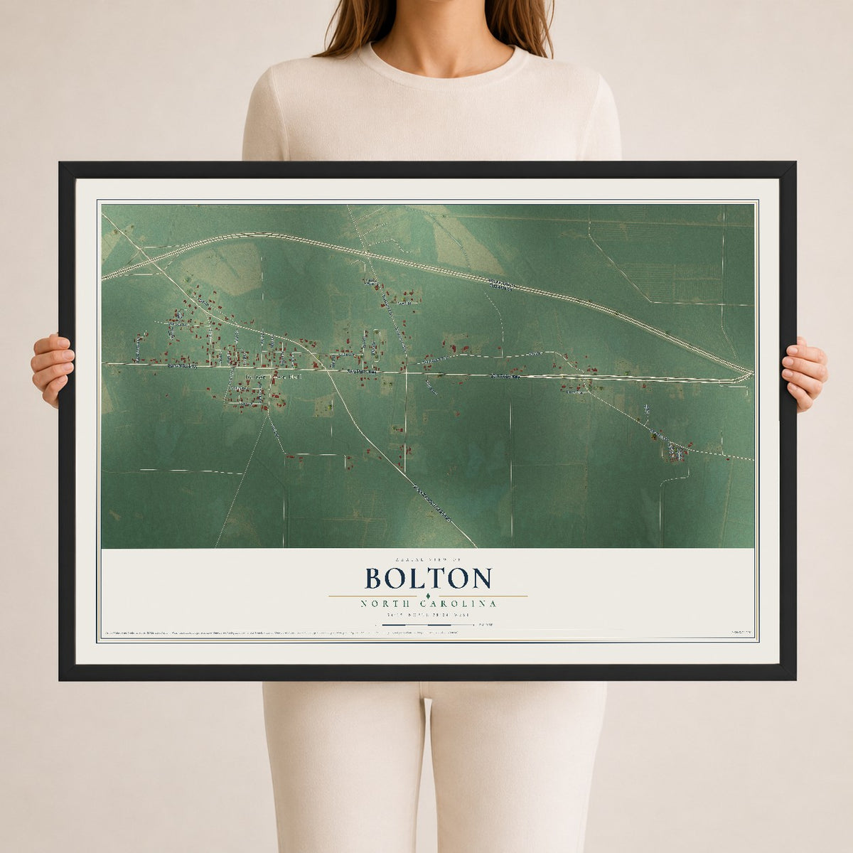 Map of Bolton, North Carolina, 24 x 36 inch print in a black wood frame