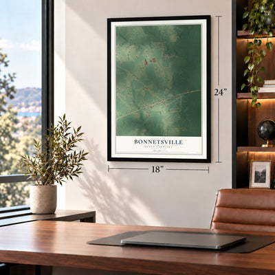 Bonnetsville, North Carolina map, 18 x 24 inch print in a black frame in a home office