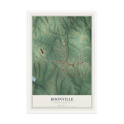 Map of Boonville, North Carolina, 12 x 18 inch print in a white wood frame